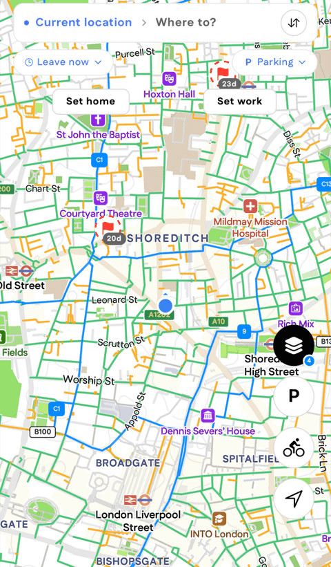 The Shoreditch map coloured by safety: blue cycleways, green quiet streets and orange moderate roads, with two rider report flags dated 20 and 23 days ago.