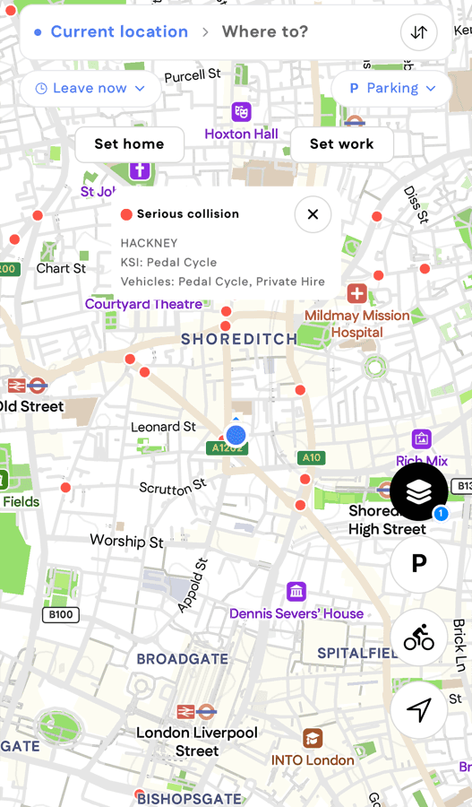 The Shoreditch map with red collision dots and a tapped one open: "Serious collision", Hackney, KSI: Pedal Cycle, Vehicles: Pedal Cycle, Private Hire.