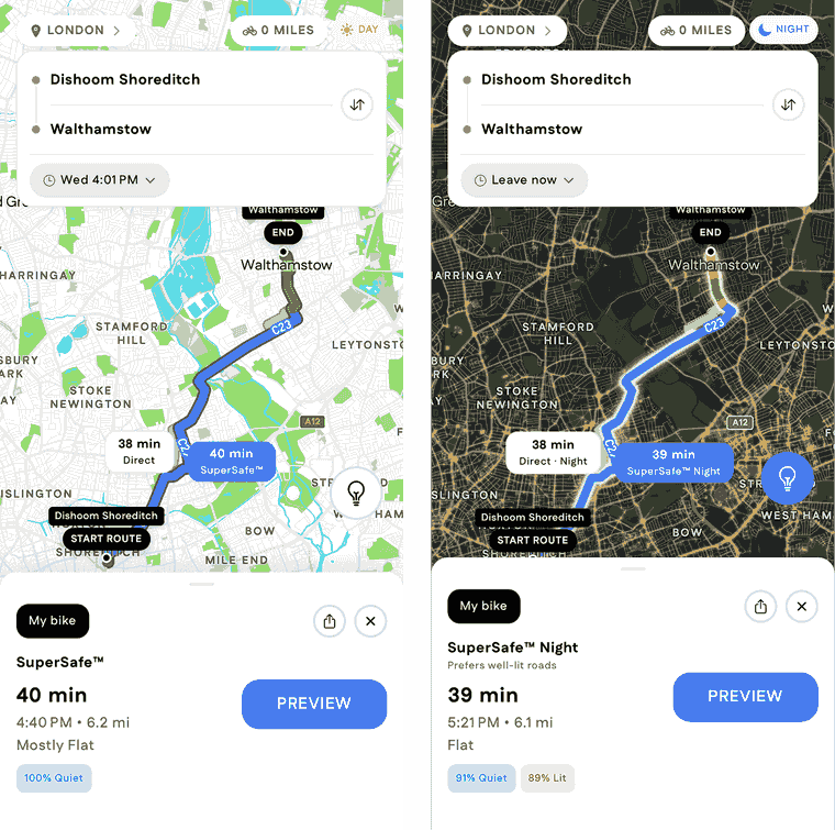 The same London ride planned by day and by night, side by side: SuperSafe on the left, SuperSafe Night on the right over a dark map with lit roads glowing, and an 89% Lit pill.