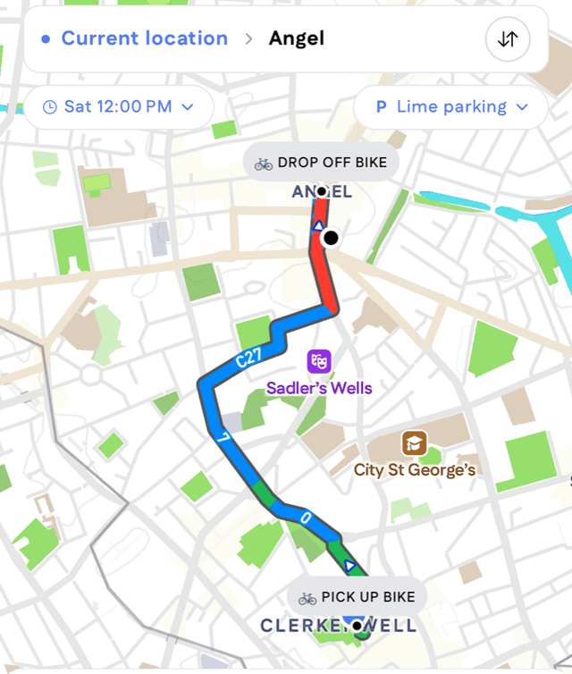 A planned e-bike trip from Clerkenwell to Angel with the parking control set to "Lime parking": the route ends at a "Drop off bike" marker at a bay just short of the destination.