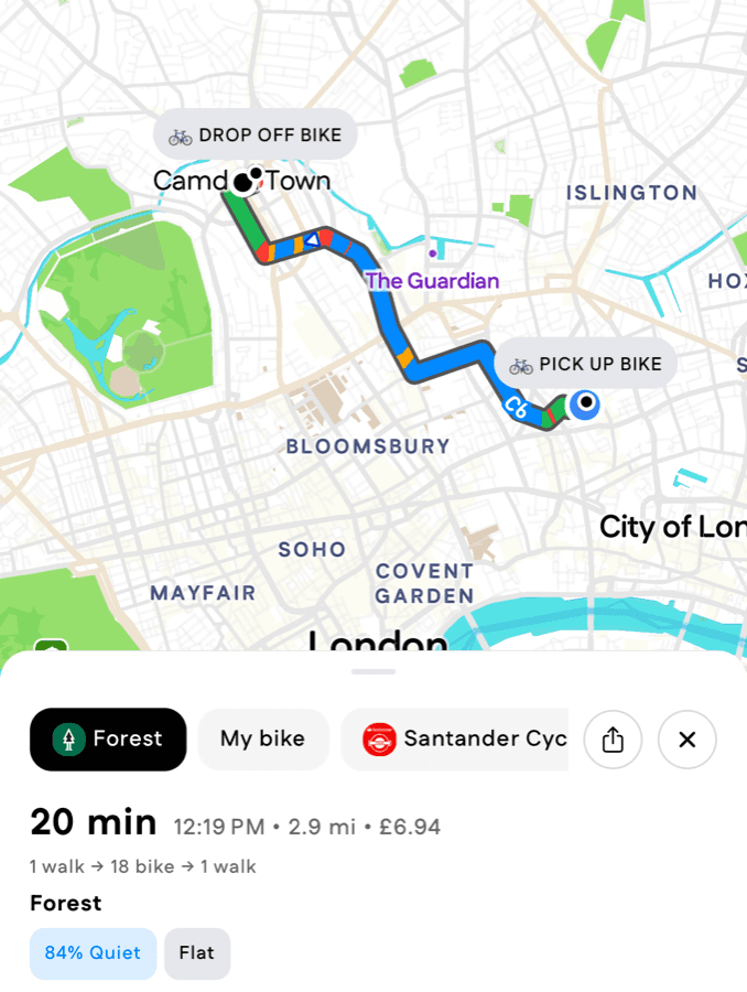 A planned trip to Camden Town with the Forest option selected: a short walk to a "Pick up bike" marker, a 2.9 mile e-bike ride for £6.94, and a "Drop off bike" marker at the end.