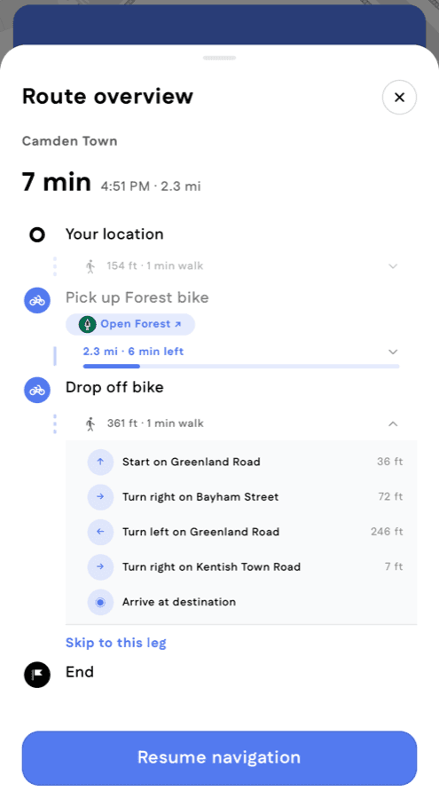 The Route overview sheet mid-ride over a dimmed map: 7 minutes left to Camden Town, a completed walk to a Forest bike pick-up, the bike leg with its progress bar, the final walk expanded to its turn-by-turn steps, and a Resume navigation button.