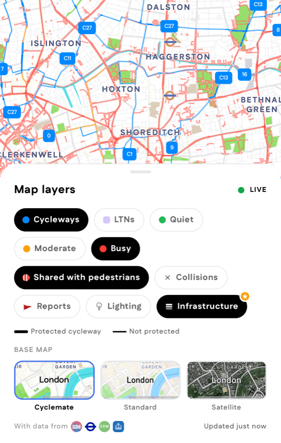 The Cyclemate map of Hoxton and Shoreditch with the Cycleways, Busy, Shared with pedestrians and Infrastructure layers on, above the Map layers sheet and its Protected cycleway legend.