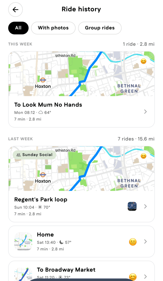 The Ride history screen: All, With photos and Group rides filter chips above rides grouped into This week and Last week, each with a route map, weather, duration and distance.
