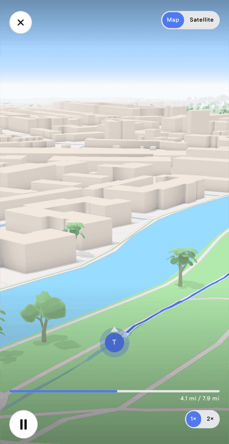A 3D replay mid-ride: the camera follows the rider's avatar along a canal towpath past low-rise 3D buildings, with a progress bar reading 4.1 of 7.9 miles and 1x and 2x speed controls.