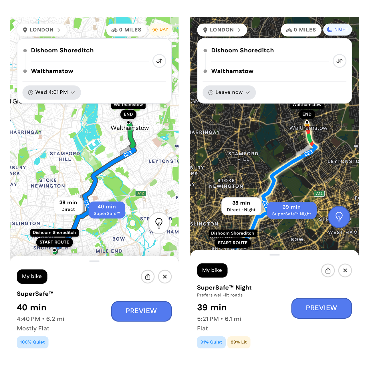 The same London ride planned by day and by night: SuperSafe on the left, SuperSafe Night on the right with a lit-road overlay