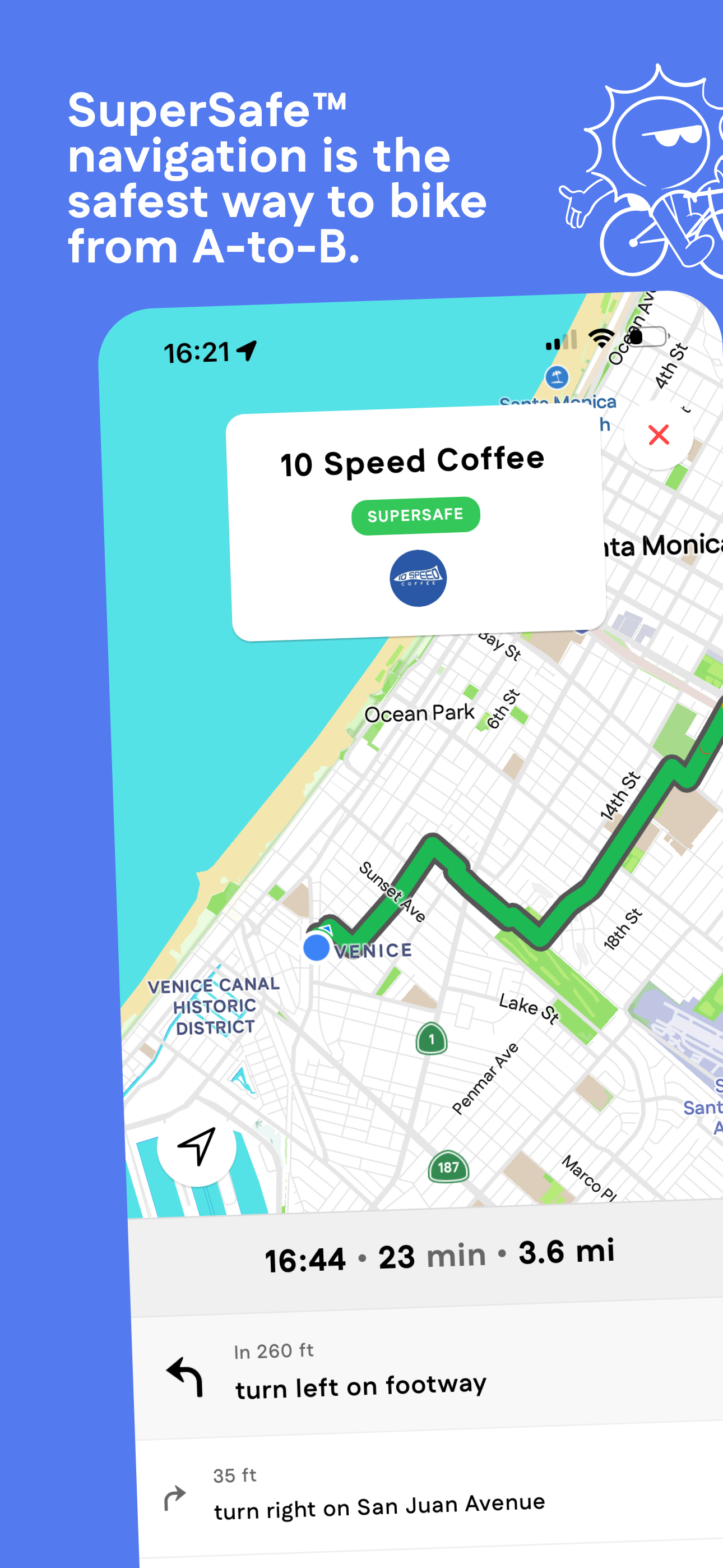 A SuperSafe route in Cyclemate, color-coded by safety