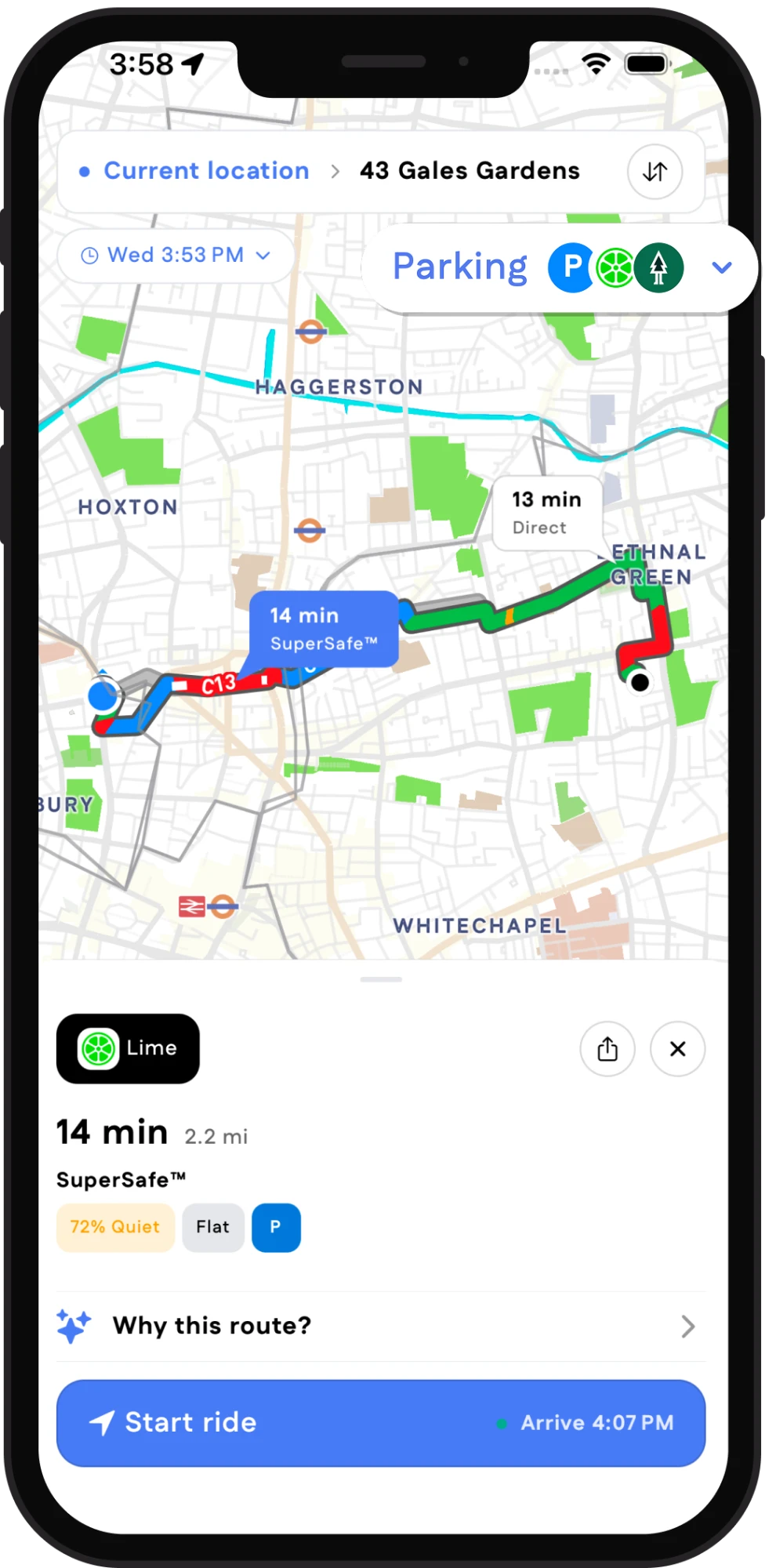 The Cyclemate planner with a 14-minute Lime route from the rider's location to Gales Gardens in Bethnal Green, 72% quiet, ending at a parking bay, with the Parking control showing the P, Lime and Forest badges.