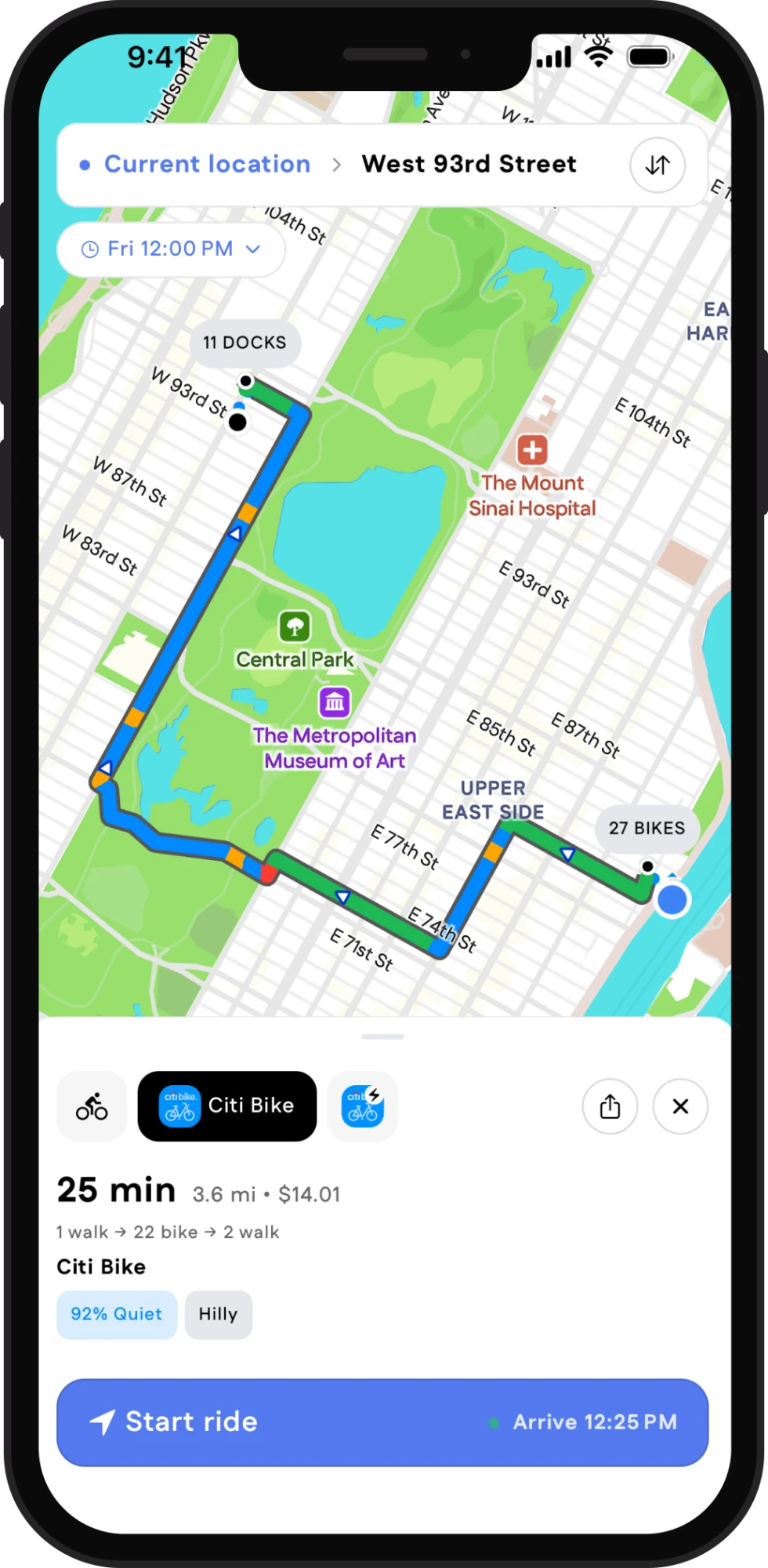 The Cyclemate planner with a 25-minute Citi Bike route across Central Park to West 93rd Street: a short walk to a dock with 27 bikes, the ride, and a dock with 11 free docks at the end.